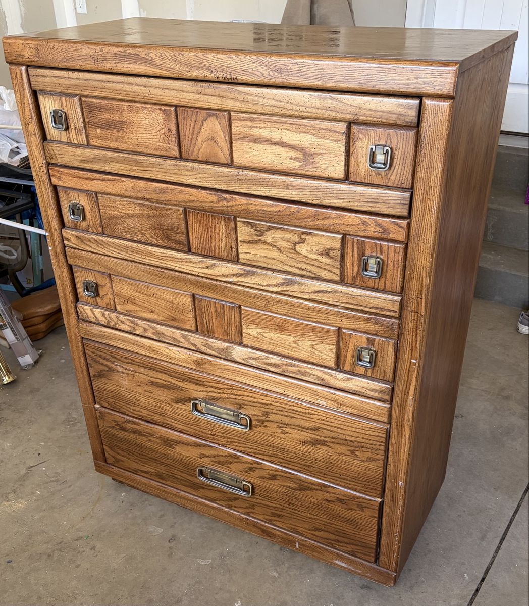 Vintage oak 5~drawer chest brass handles