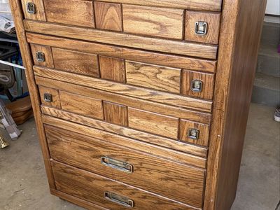Vintage oak 5~drawer chest brass handles