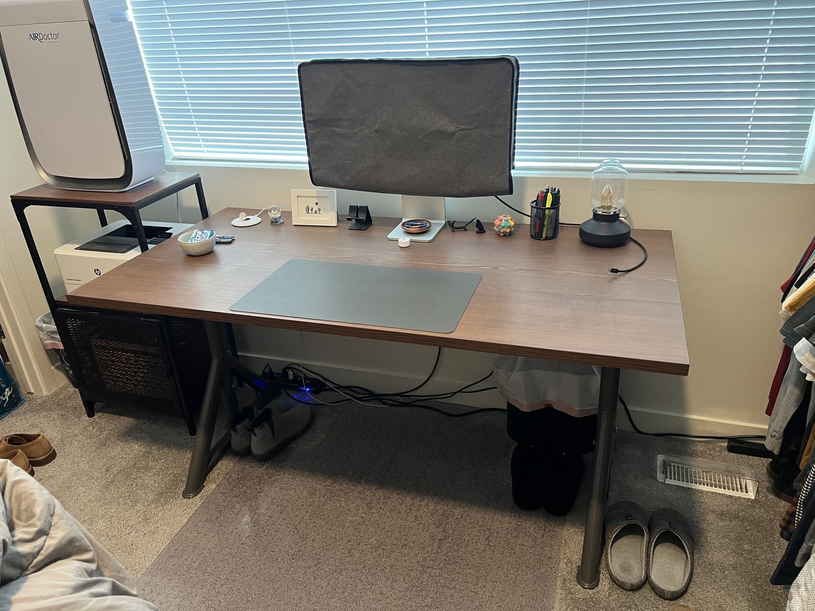 IKEA Tabletop Desk, Leather Office Chair, and Plastic Desk Mat Combo