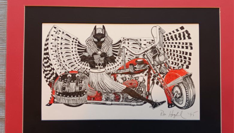 Vintage Original Ink Artwork 'Anubis Biker' Signed  '95 Framed