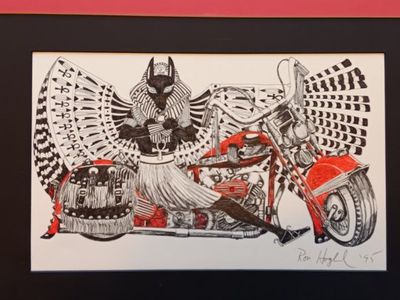 Vintage Original Ink Artwork 'Anubis Biker' Signed '95 Framed