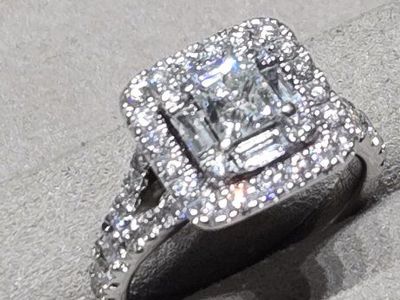Stunning Neil Lane Diamond Halo Ring - White Gold, Princese and Emerald Cut Center with Pave Band 1-1/4 total diamonds natural-