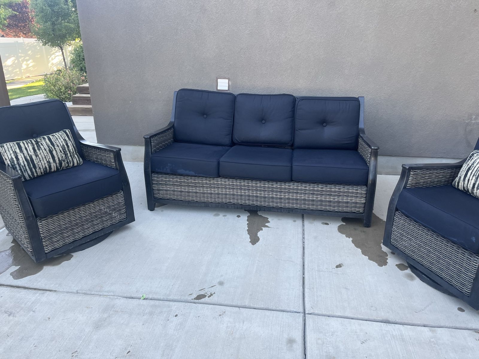 Outdoor Patio Furniture Set - Sofa, 2 Swivel Chairs, Coffee Table - Wicker & Metal Frame AGIO COSTCO reg 2200