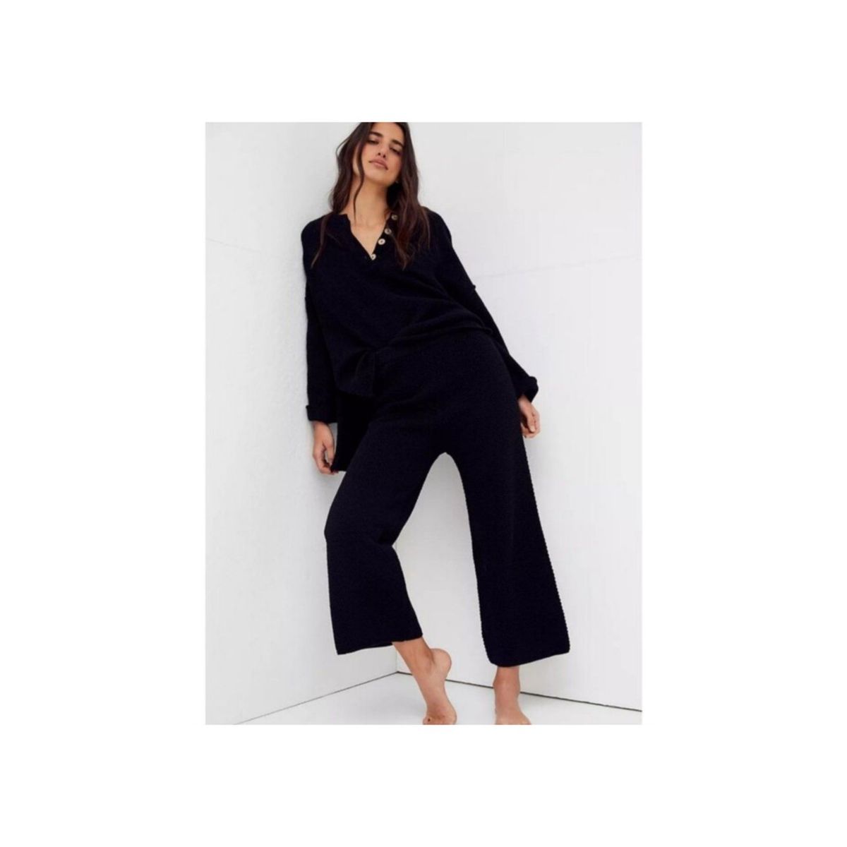 Free People Beach Hailee Sweater Two Piece Set Top Crop Wide Leg Pant Black XS
