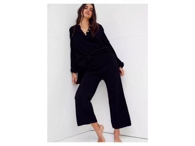 Free People Beach Hailee Sweater Two Piece Set Top Crop Wide Leg Pant Black XS