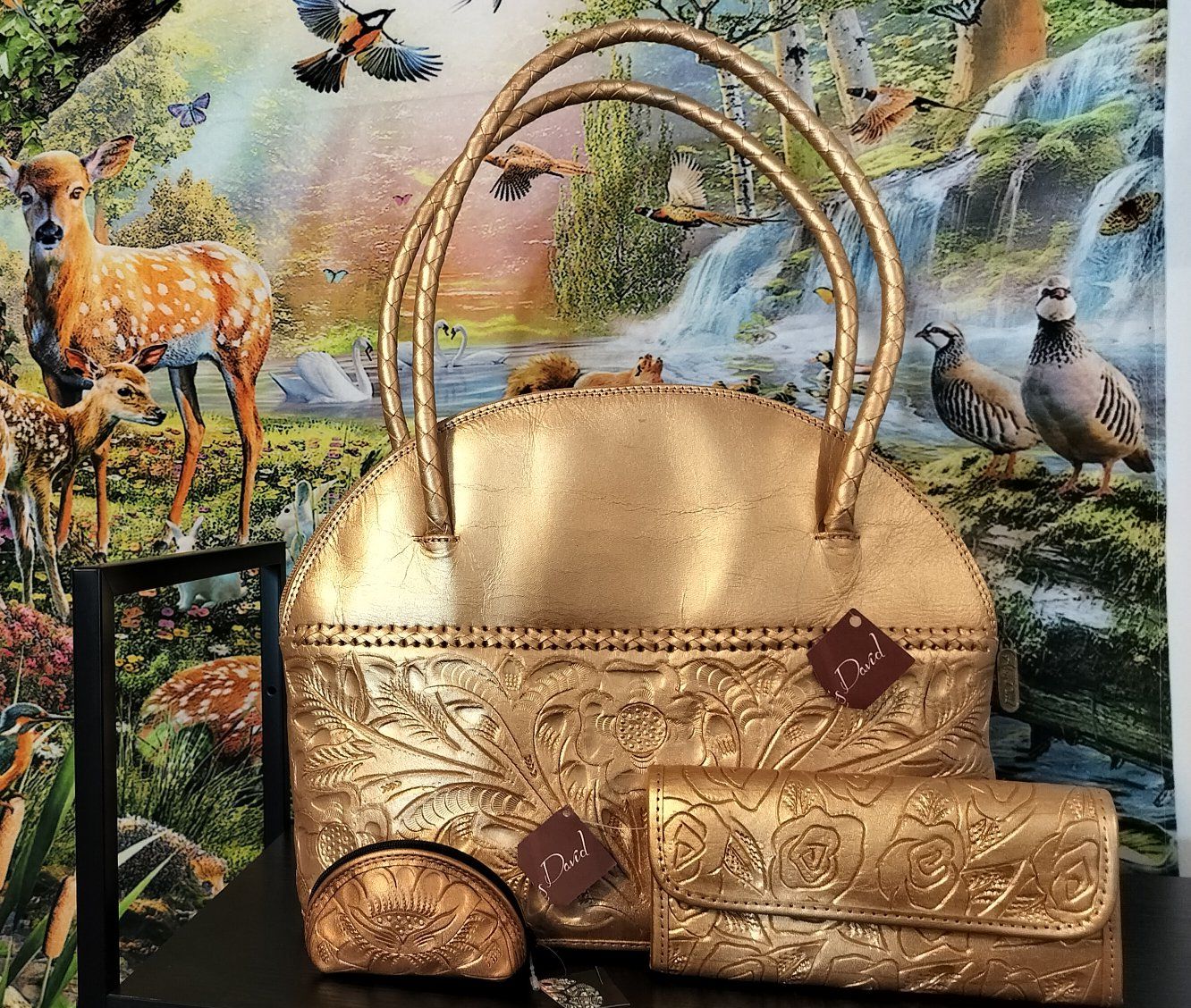 Rolled art all Leather Bag set coin and wallet