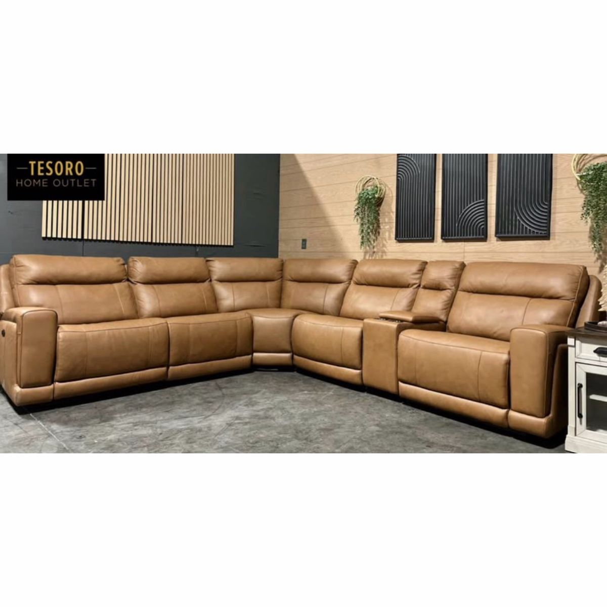 LAURETTA CAMEL LEATHER RECLINER SECTIONAL WE OFFER DELIVERY