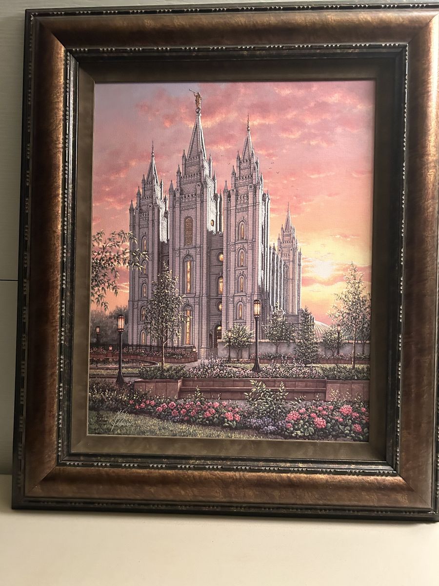 Framed Salt Lake City LDS Temple Artwork – Stunning Sunset Scene - 24"W x 30"H