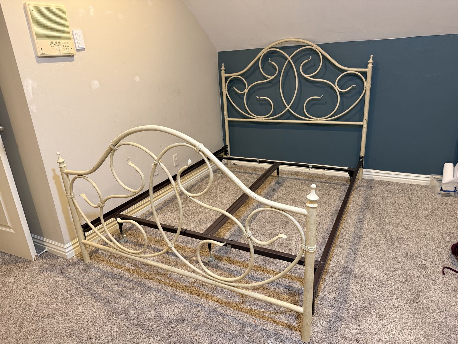 Vintage Off-White Metal Wrought Iron Style Bed Frame with Scrollwork Headboard & Footboard