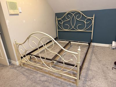 Vintage Off-White Metal Wrought Iron Style Bed Frame with Scrollwork Headboard & Footboard