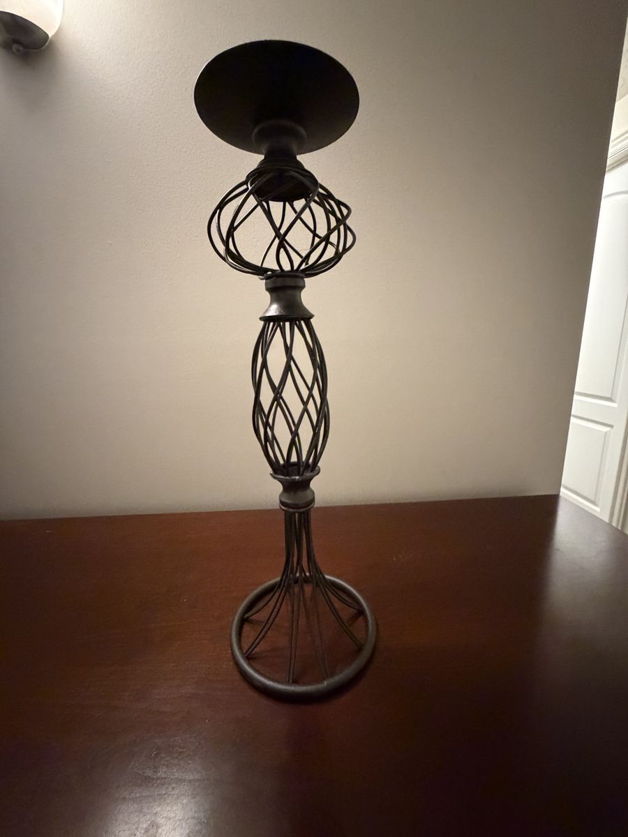 Rustic Black Wrought Iron Candle Holder - Twisted Cage Design, 14.5" Tall, Dark Gray Finish