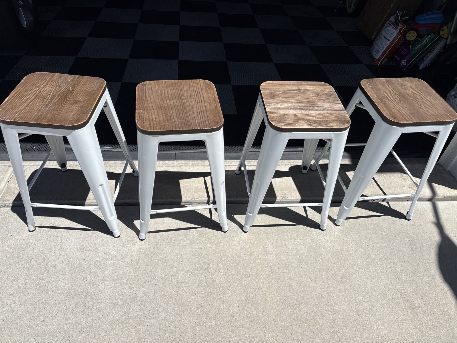 Set of 4 Industrial Style Bar Stools - 24” - Metal Frames & Wood Grain Seats - Two-Tone Design