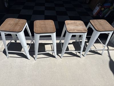 Set of 4 Industrial Style Bar Stools - 24” - Metal Frames & Wood Grain Seats - Two-Tone Design