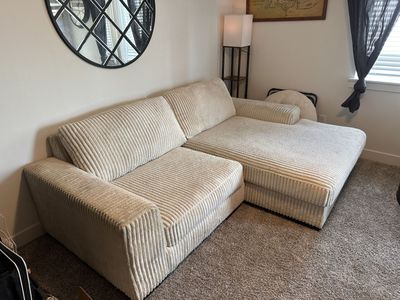 Corduroy Sectional Sofa - Cream/Off-White Couch with Right-Facing Chaise Lounge