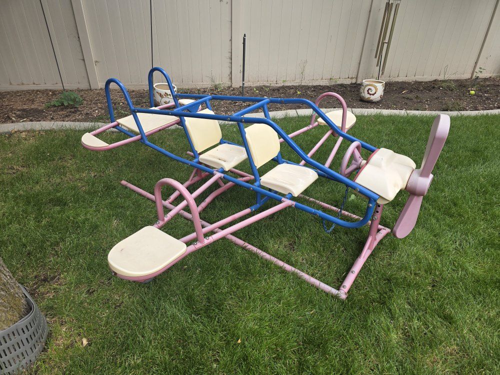 Vintage Metal Airplane Teeter Totter Kids Backyard Playground Toy - Pink & Blue