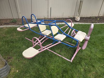 Vintage Metal Airplane Teeter Totter Kids Backyard Playground Toy - Pink & Blue