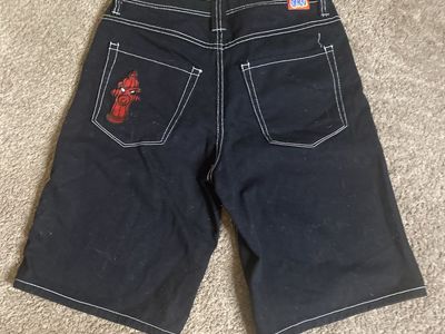 Vintage JNCO Fire Hydrant Embroidered Black Denim Shorts Size 27