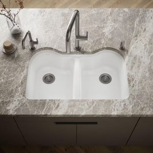 Kohler Hartland Undermount Cast Iron 33 in. 5-Hole Double Bowl Kitchen Sink in White