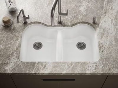 Kohler Hartland Undermount Cast Iron 33 in. 5-Hole Double Bowl Kitchen Sink in White