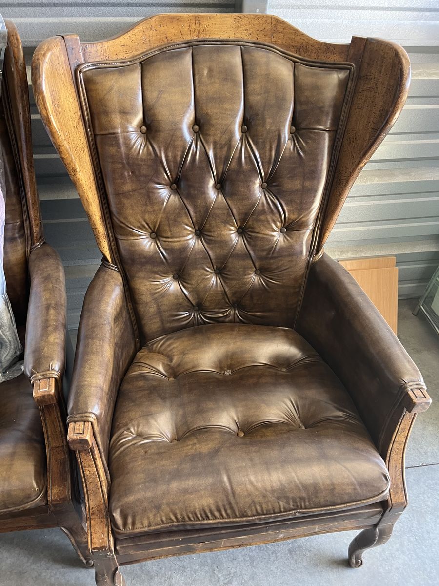 Pair of Oversized Tufted Wingback Chairs - Rustic Leather Executive Style - $500 OBO