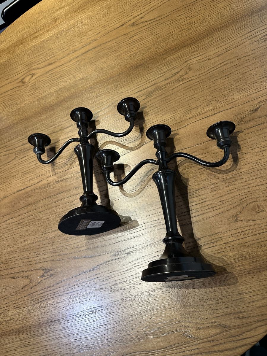 Pair of Black Metal 3-Arm Candelabras Candle Holders, Tabletop Decor
