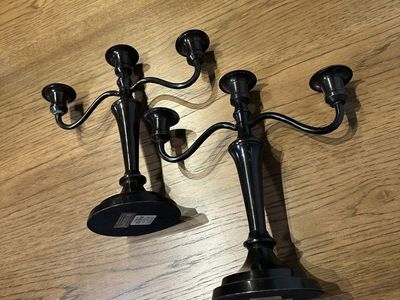 Pair of Black Metal 3-Arm Candelabras Candle Holders, Tabletop Decor