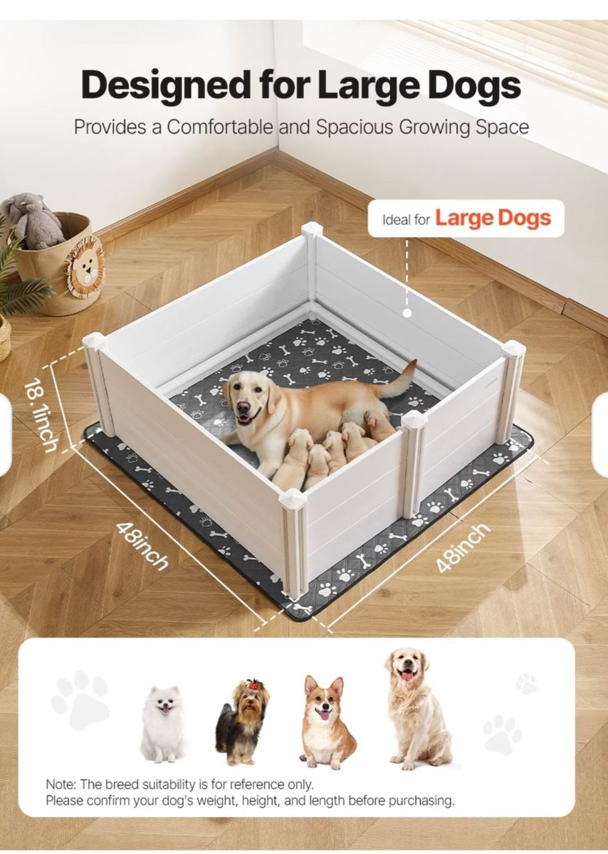 VEVOR Dogs Whelping Box, 48 x 48 x 18.1 inch, Plastic PVC Puppies Playpen with Height Adjustable Door and Washable Pee Pad fence