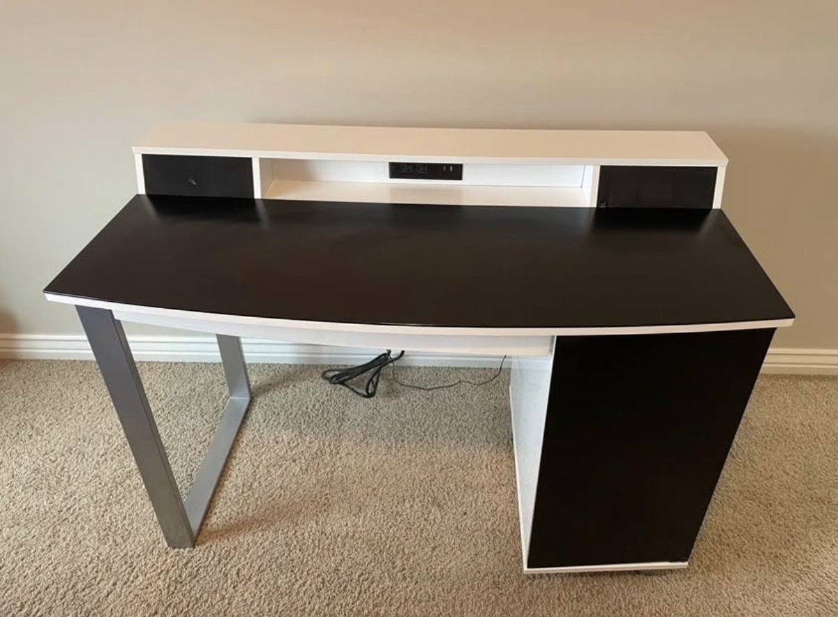 Modern Black White Desk w/ Power Strip & Storage