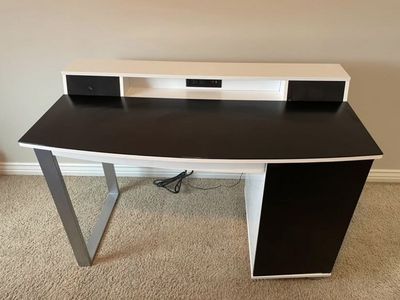 Modern Black White Desk w/ Power Strip & Storage