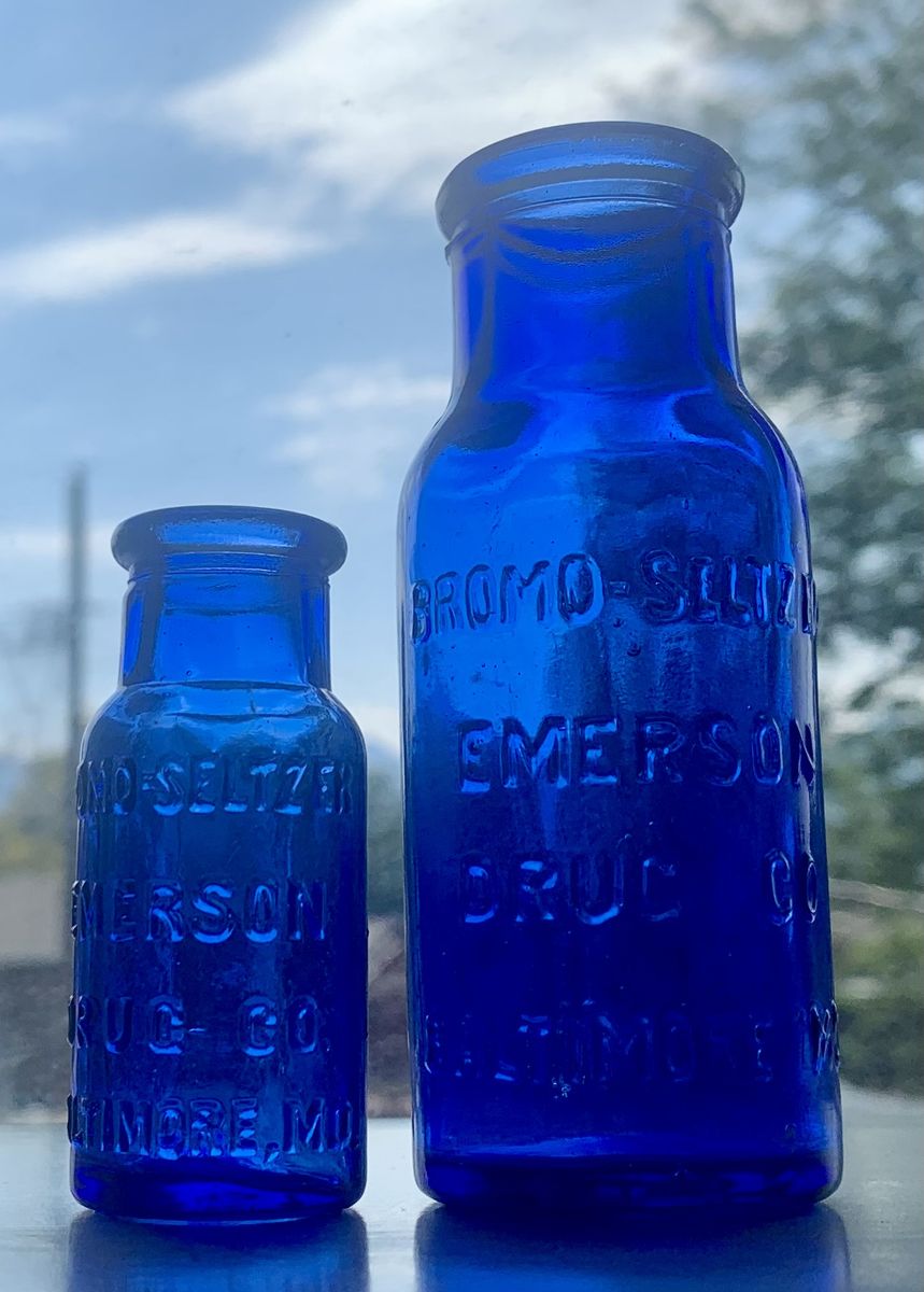 Two old antique cobalt blue Bromo Selter bottles 