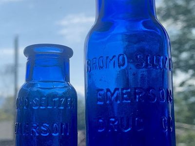 Two old antique cobalt blue Bromo Selter bottles