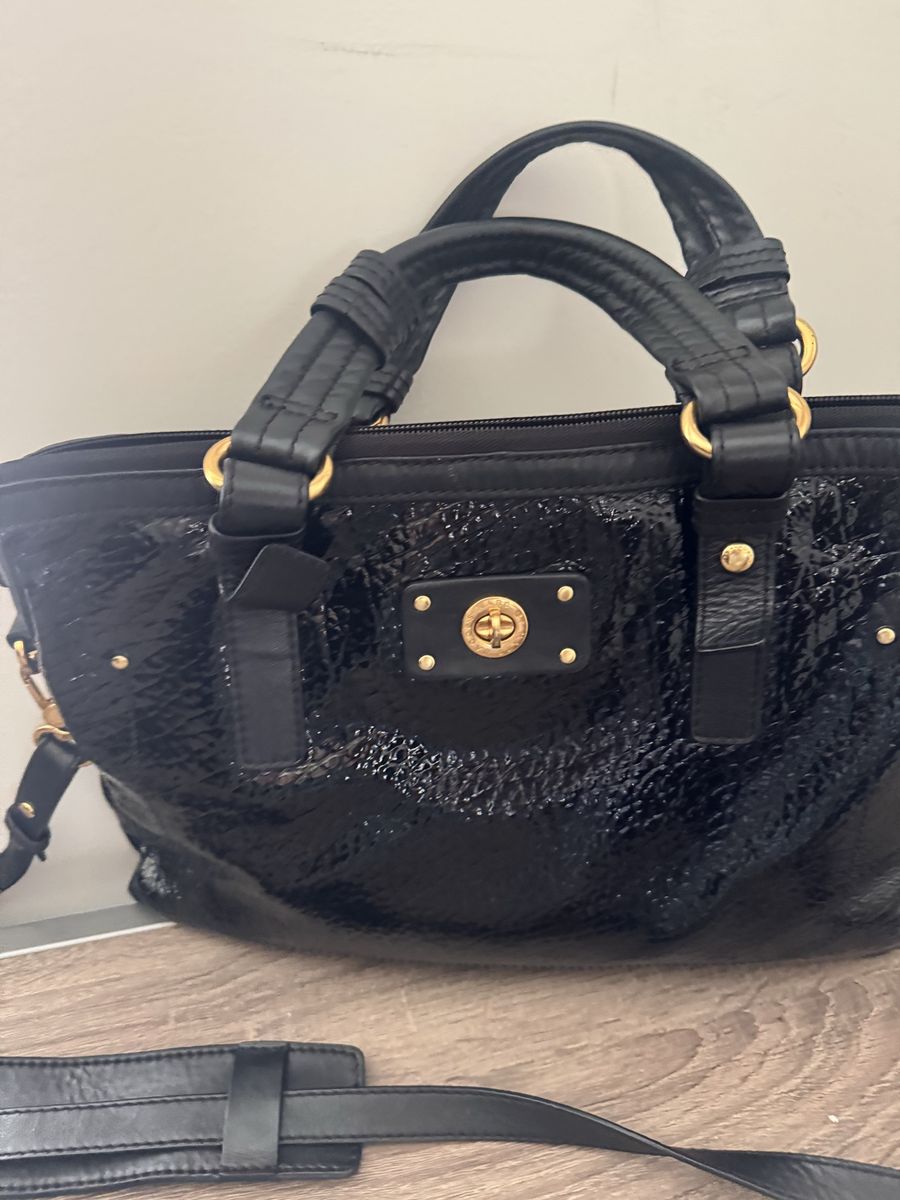 Marc Jacobs Black Patent Leather Stam Bag Gold Hardware Shoulder Strap Handbag