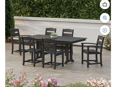POLYWOOD Gulf Shores Farmhouse Trestle Dining Set, 7pc - All-Weather HDPE, Black