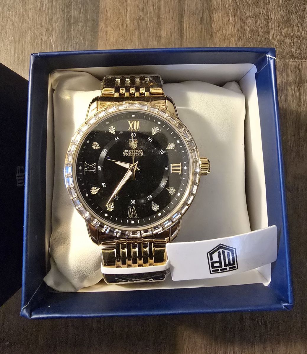 Montres Prestige Gold Tone Watch with Crystal Bezel and Black Dial in Box