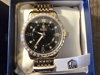 Montres Prestige Gold Tone Watch with Crystal Bezel and Black Dial in Box