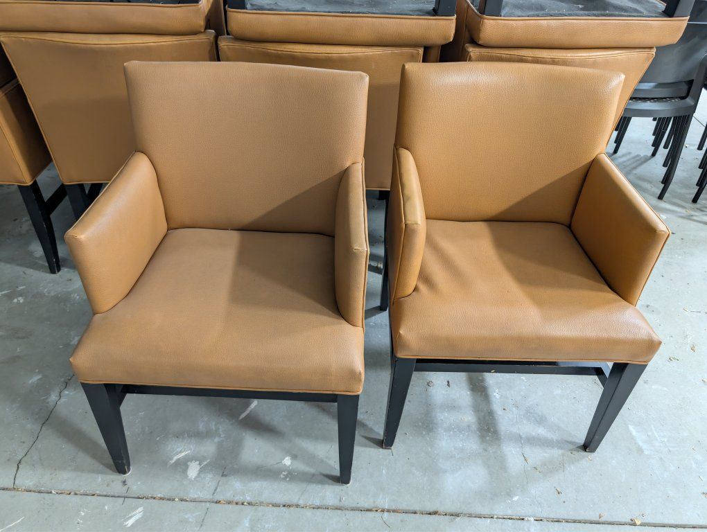 Modern Tan Faux Leather Accent Armchairs with Dark Wood Legs