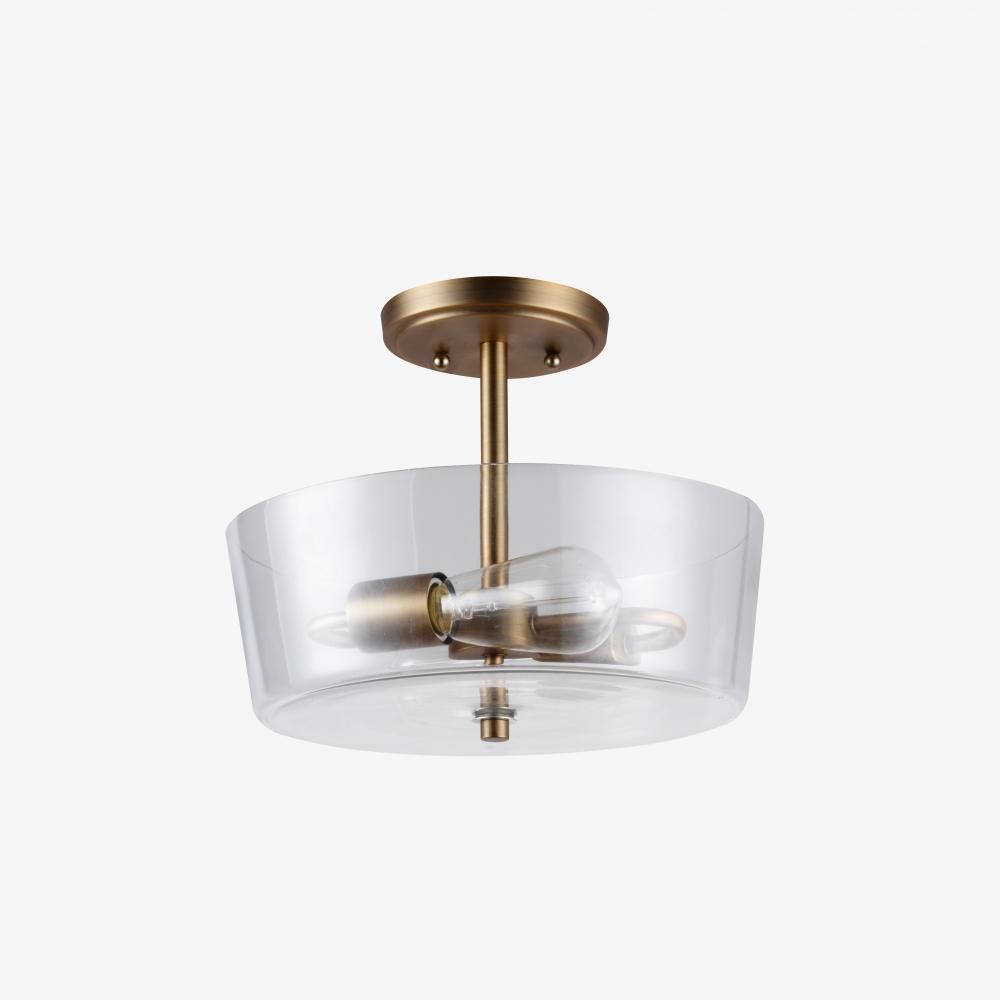 Modern 2 Light Semi Flush Brass Finish, Clear Glass