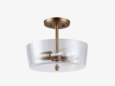 Modern 2 Light Semi Flush Brass Finish, Clear Glass