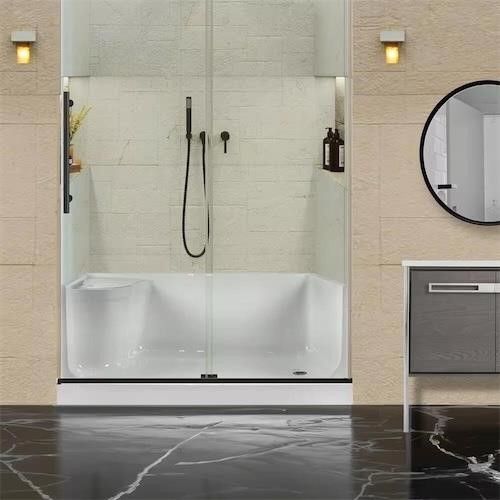 60 in. L x 32 in. W Alcove Shower Pan Base with Seat - Left Hand Drain in White