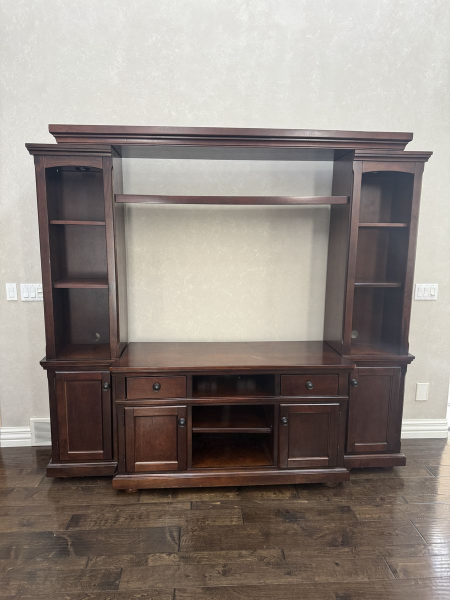 Dark Wood Entertainment Center TV Stand Wall Unit with Shelves and Storage