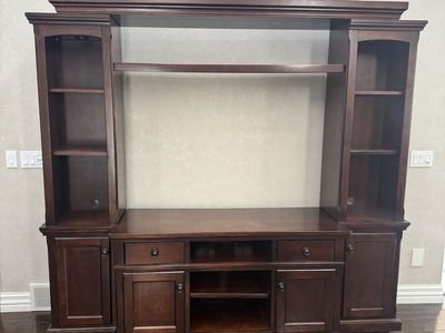 Dark Wood Entertainment Center TV Stand Wall Unit with Shelves and Storage