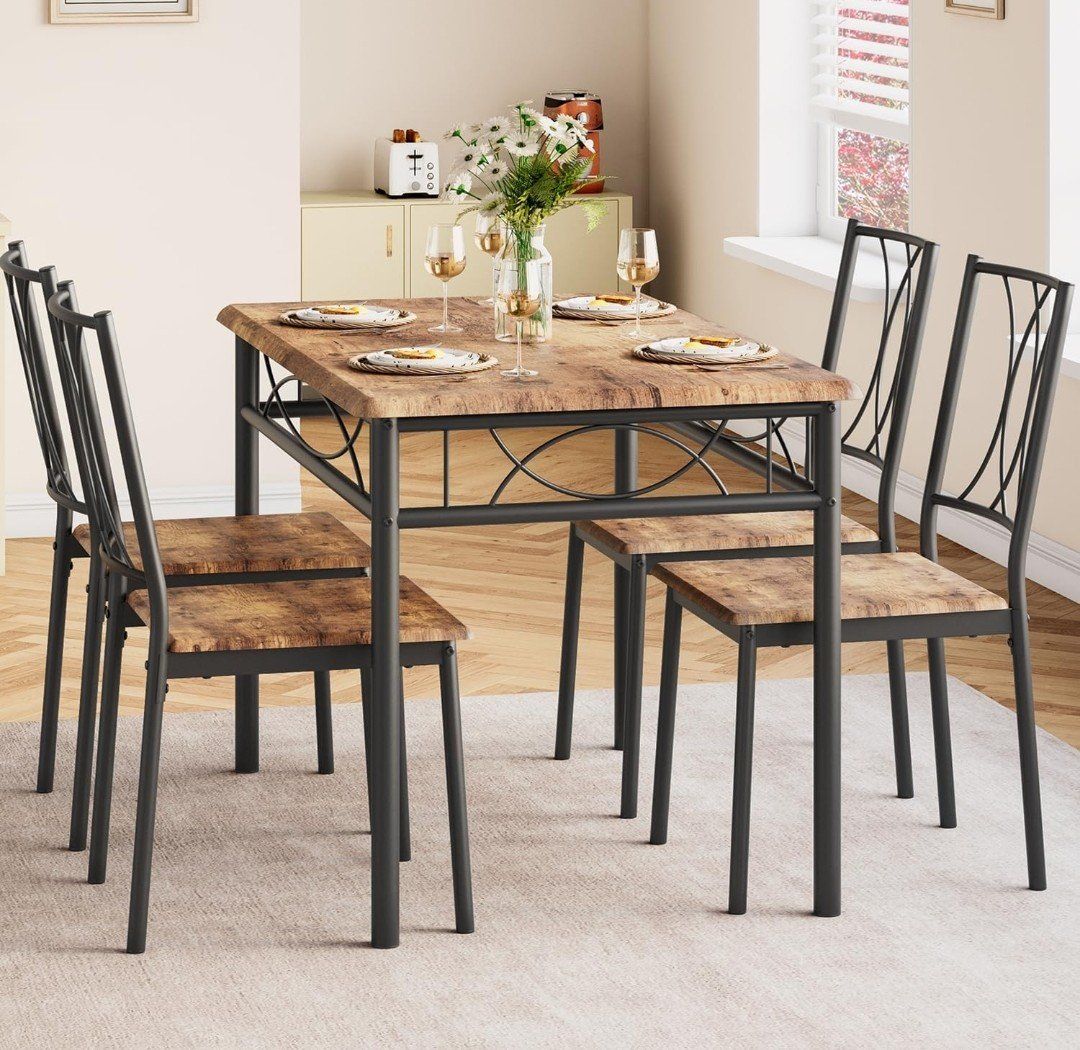 5-Piece Retro Brown Dining Table Set with 4 Wood and Metal Chairs