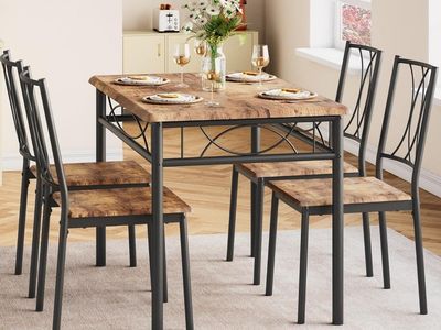 5-Piece Retro Brown Dining Table Set with 4 Wood and Metal Chairs