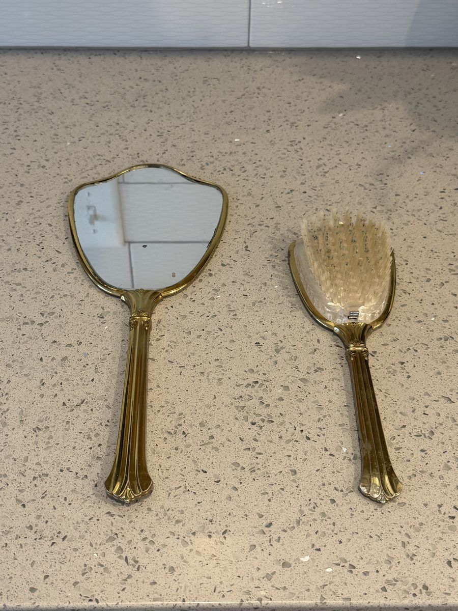 Vintage Brass Vanity Hand Mirror and Hair Brush Set with Floral Needlepoint