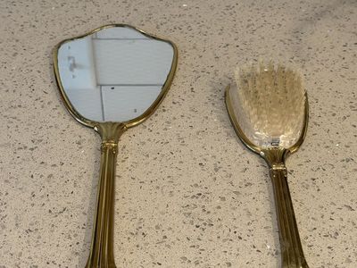 Vintage Brass Vanity Hand Mirror and Hair Brush Set with Floral Needlepoint