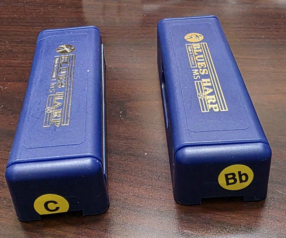Hohner Blues Harp MS Series harmonicas in the keys C and Bb.