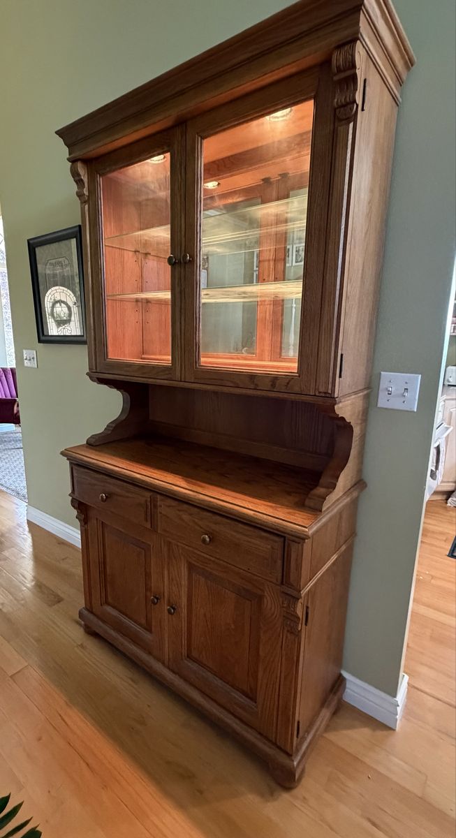 Solid Oak and Hardwood China Hutch Cabinet with Carved Details. 82” high, 44” wide, 18” deep.