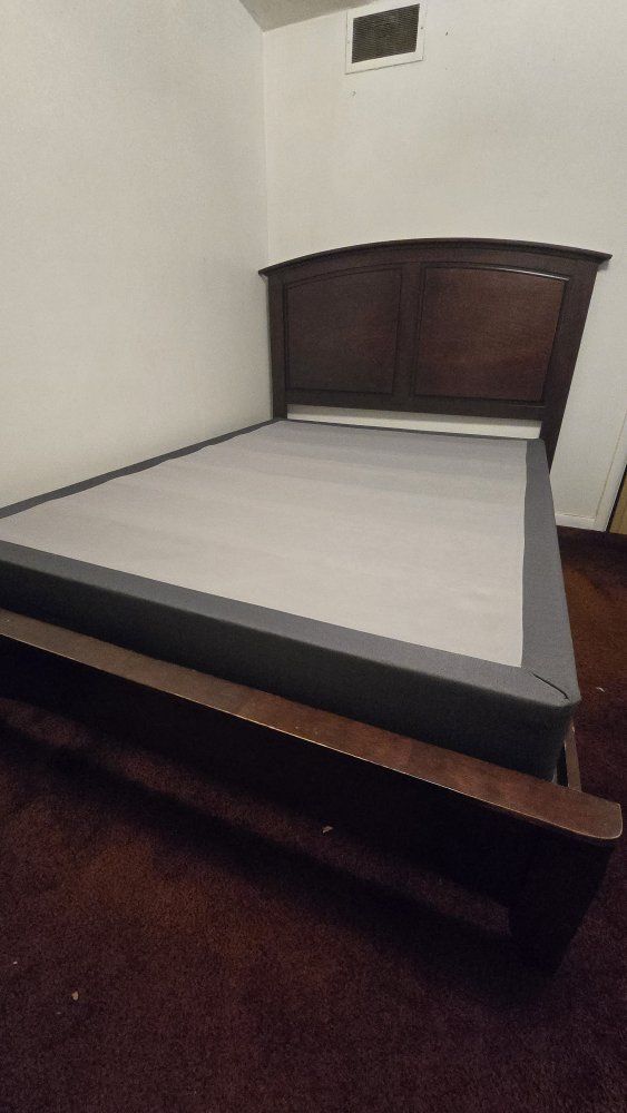 Solid Wood Queen Bed Frame + Box Spring — $150