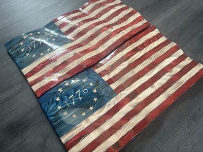 Hand carved wavy wood American flag Betsy Ross 1776