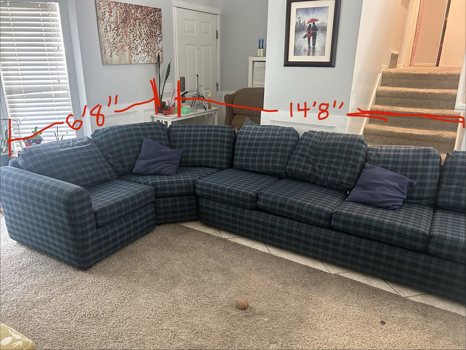 Plaid Fabric Sectional Sofa - Blue and Green